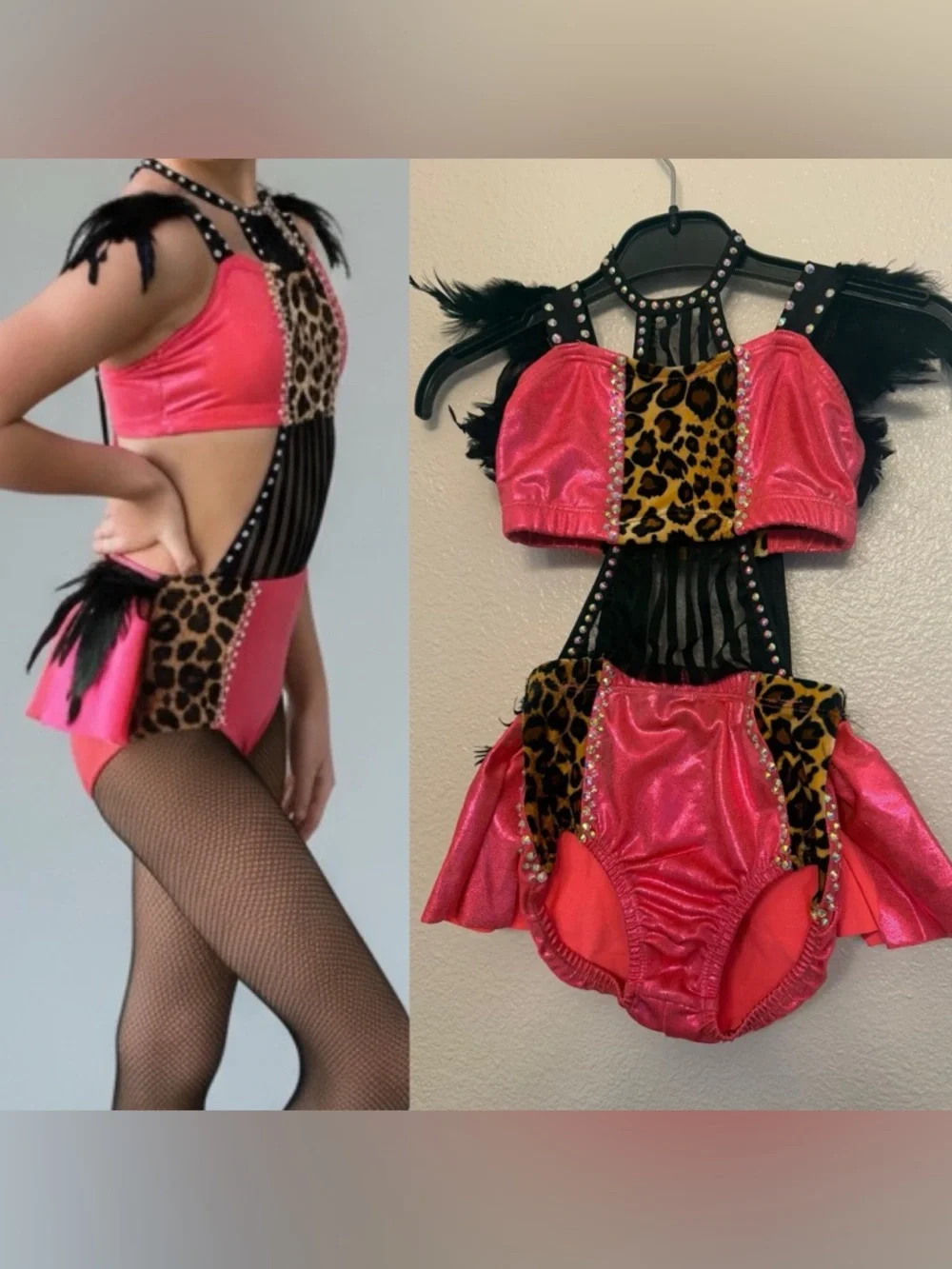 PUMPER’S Sassy Jazz custom competition Solo Costume Pink Leopard Feather IC