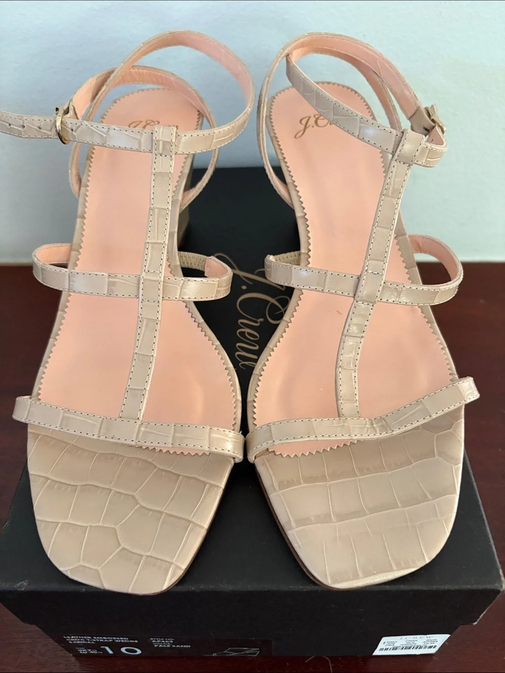 J. Crew Beige Croc-Embossed T-Strap Wedge Sandals