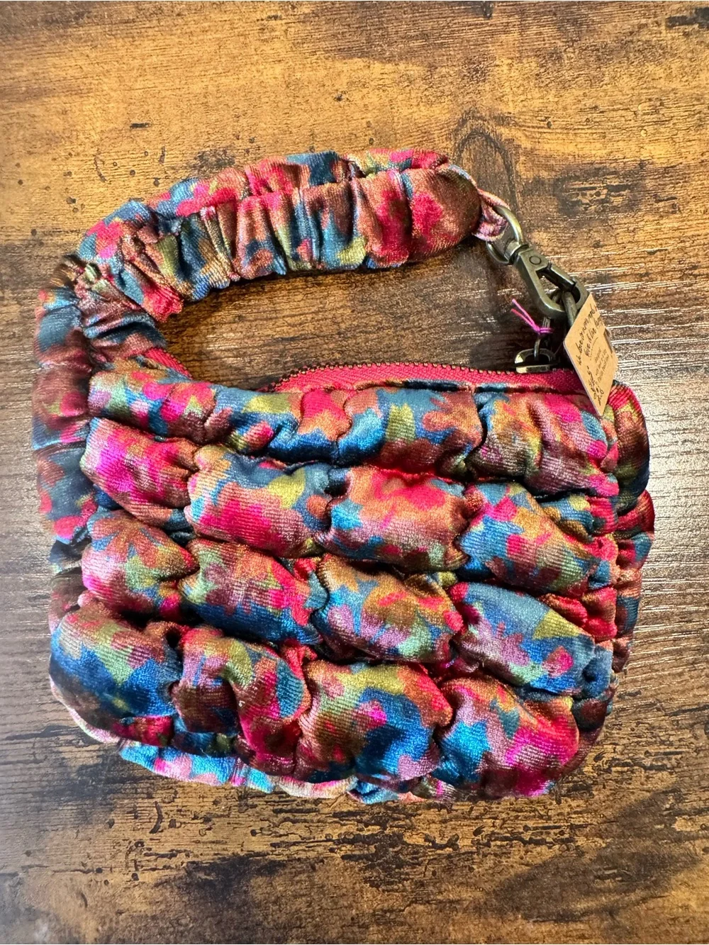 Natural Life Puffy Mini Clip On Pouch Teal/Pink Velvet Floral NWT