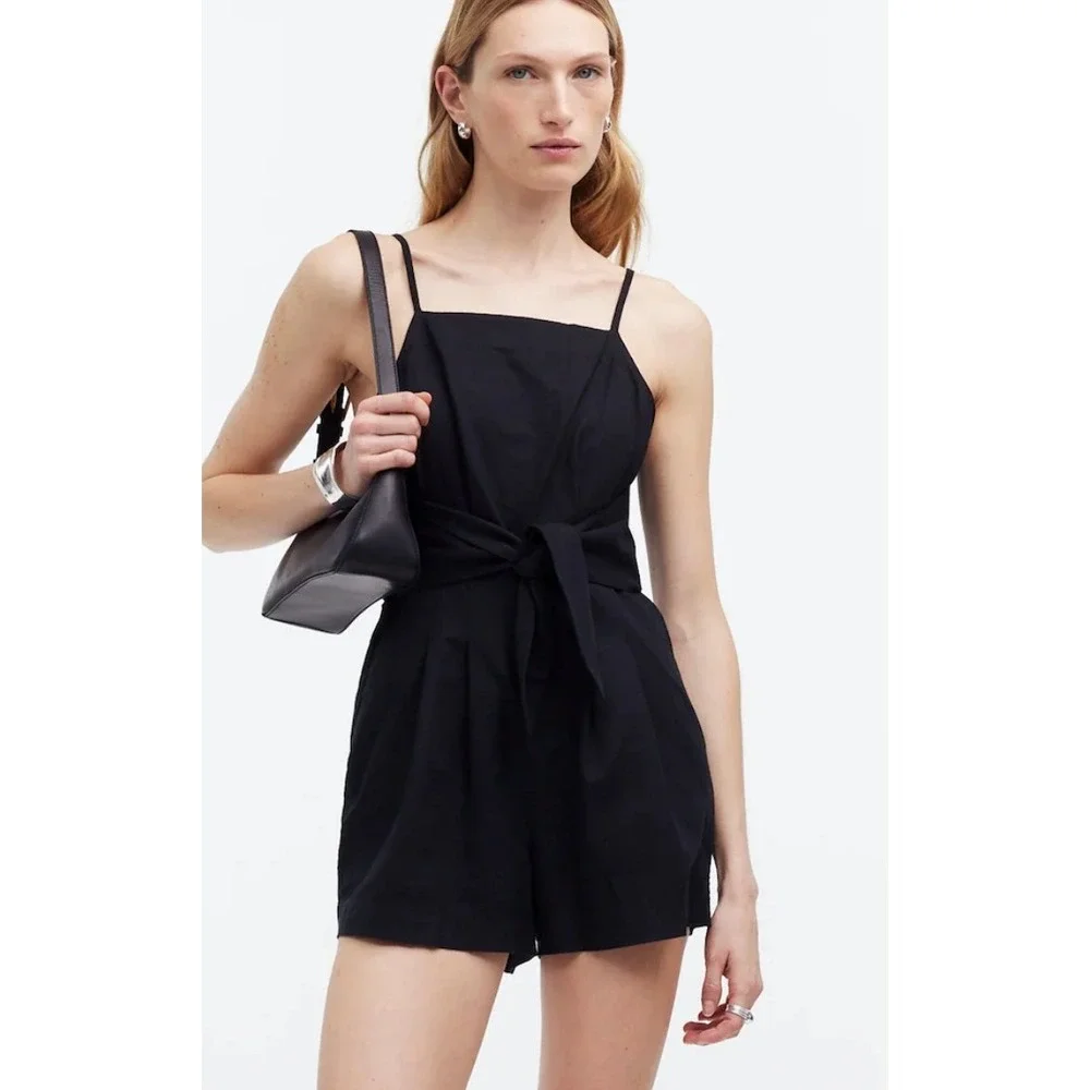 Madewell Romper Womens 2 Black Linen Blend Front Tie Waist‎ Summer Minimalist