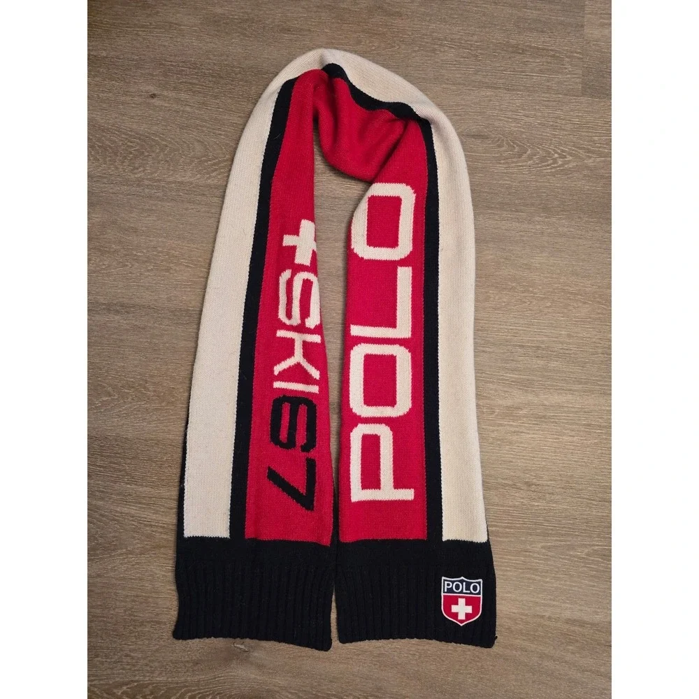 Polo Ralph Lauren Ski 67 Knit‎ Scarf Red White Navy Blue Colorblock Swiss Cross